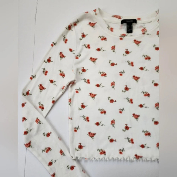 Forever 21 Semi-Cropped Ribbed Floral Print Long Sleeve No Stains, sz Medium - Picture 5 of 15